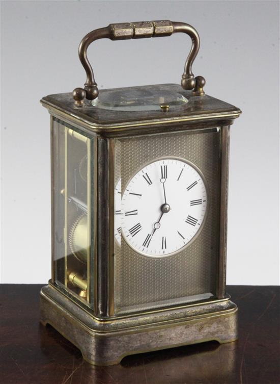 An Edwardian silvered brass hour repeating carriage clock, 5.5in.